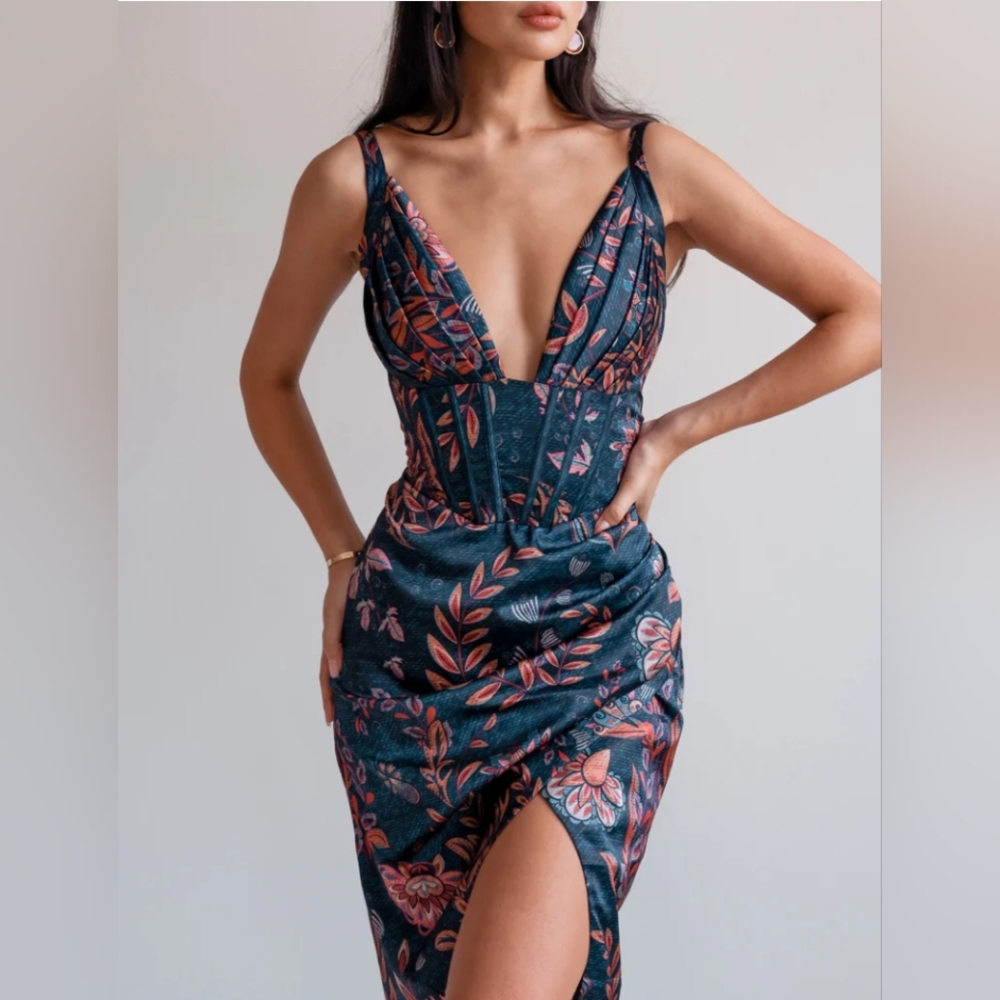 NWT Averie Halley Draped Midi Dress XXL Flowery Print Silky Exotic Vivid Pleated